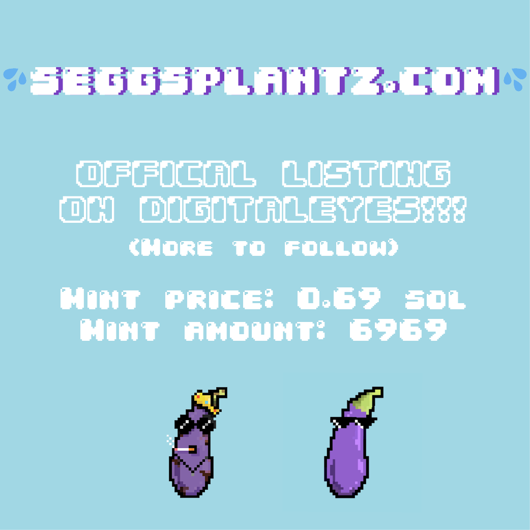 seggsplantz's tweet photo. AMAZING NEWS BEFORE THE WEEKEND , WE ARE OFFICIALLY LISTING ON @DigitalEyesNFT !!! 🍆🍆🍆

MORE TO FOLLOW ???👀

#CAPSLOCKDAY #THROBTHROB #SEGGSPLANTZ https://t.co/fBXUqjmMjF