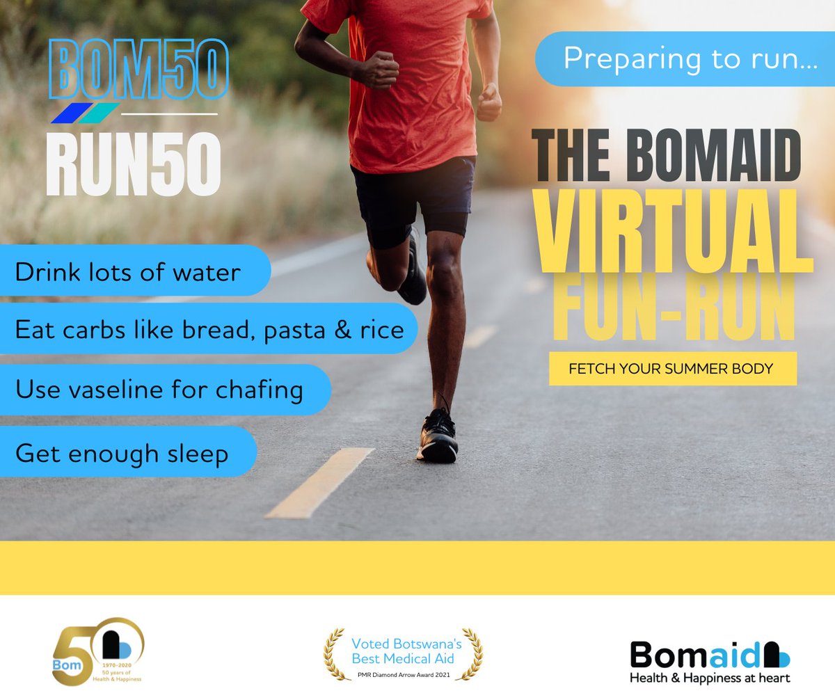 Bomaid_Botswana's tweet image. Preparation is everything. What you eat and drink as well as a few hacks, can make the difference between you having a good run or feeling like you got run over by a truck.  
#bom50run50 #virtualfunrun #fetchyourbody #runningtips #runninghacks #bomaid