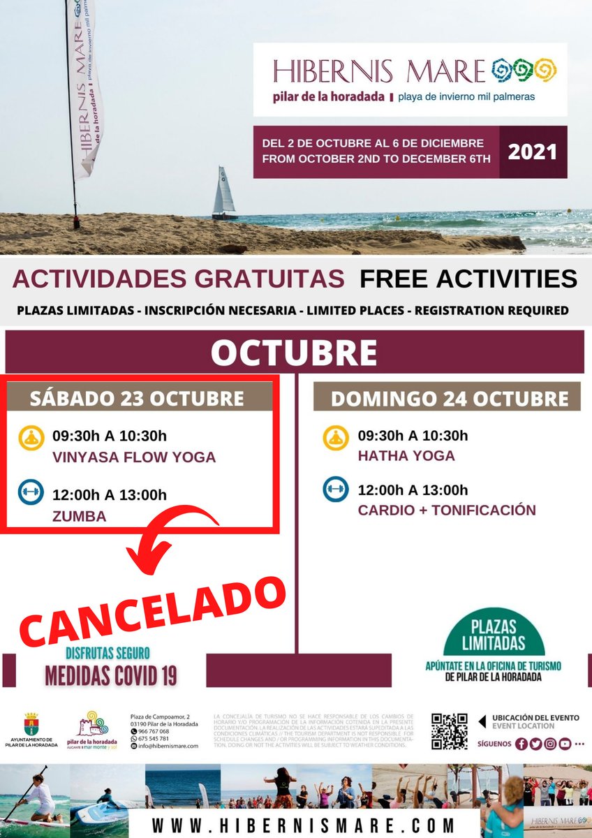 visitphoradada's tweet photo. Buenas tardes a todos 🙏 🏖 💙
#HibernisMare CANCELADO MAÑANA SÁBADO 23 OCTUBRE‼️ 🌧
Parece que la lluvia nos acompañará gran parte de la mañana de sábado, dejando cancelada toda la jornada de actividades ☔️
#PlayaDeInvierno #MilPalmeras https://t.co/Dv7oADvJ6Y