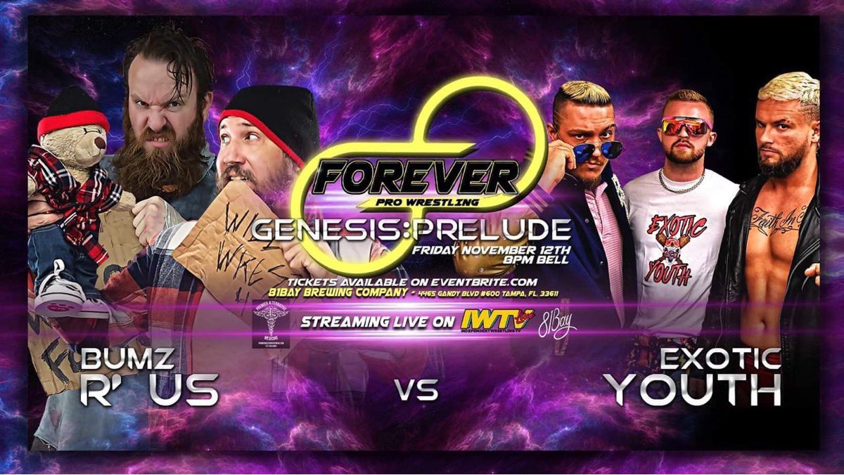ForeverProW's tweet photo. ￼Exotic Youth is one of the hottest tag teams in the South and have made it known they are coming to Florida to take out Bumz R’ Us once and for all￼.

Forever Pro Wrestling and @indiewrestling Present
Genesis: Prelude
81Bay Brewing Company
Tampa, FL 33611
Friday, Nov. 12th https://t.co/6PL4gsWKsd