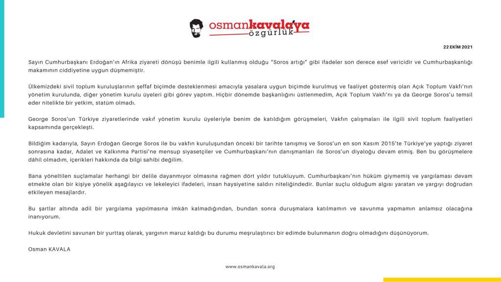 #OsmanKavala’dan açıklama❗️

“Bu şartlar altında adil bir yargılama yapılmasına imkân kalmadığından, bundan sonra duruşmalara katılmamın ve savunma yapmamın anlamsız olacağına inanıyorum.”
#OsmanKavalayaÖzgürlük

➡️ osmankavala.org/tr/aciklamalar…