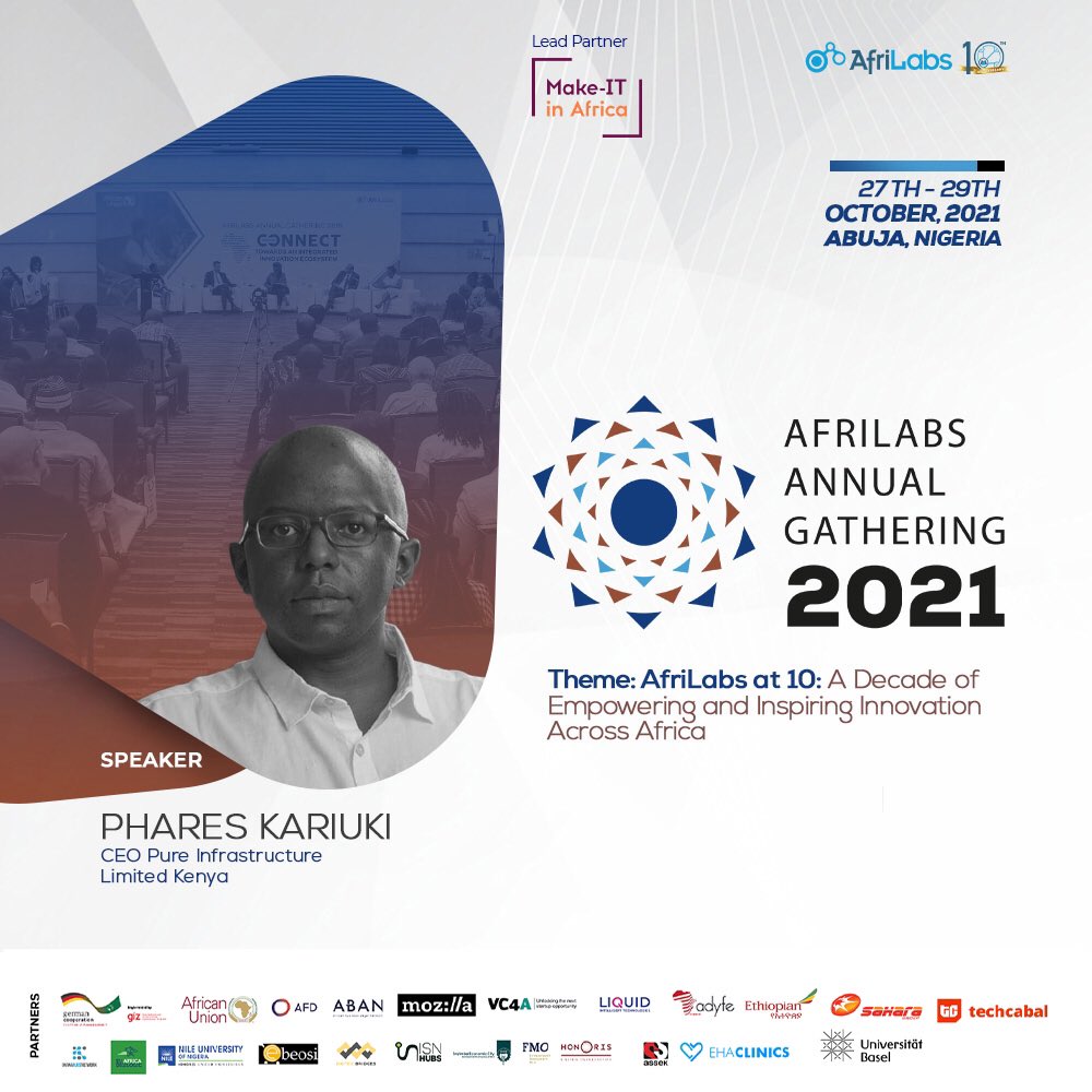 AfriLabs's tweet photo. Meet our speaker, @kaboro.

He is the CEO, @PureInfra Kenya and will be speaking on the panel “Exits &amp; Unicorns: A New Era for Investing in Africa“ organized by AfriLabs &amp; @TechCabal at the #2021AfriLabsAnnualGathering.

Sign up here: https://t.co/LTfQ4pth6i

 #AfriLabs10 https://t.co/98d80mBNT5