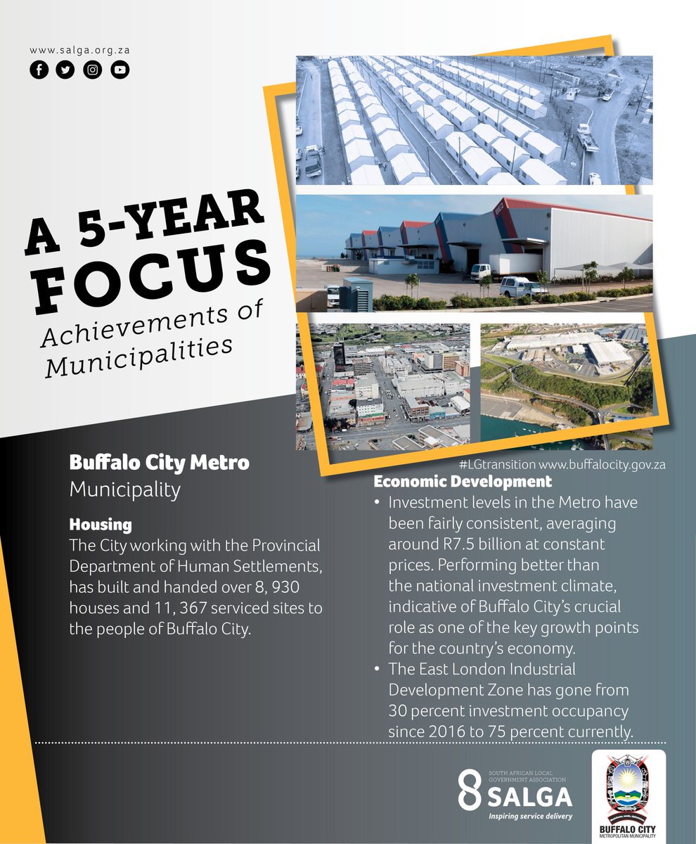 SALGA_Gov's tweet photo. A 5 year focus: Municipal Achievements and Milestones #lgtransition
A focus on @OfficialBCMM as the municipality highlights its service delivery milestones and achievements of 2016 - 2021.
#lgtransition
#20yearsofdemocraticlg
#InspiringServiceDelivery https://t.co/TdvelG5Idj