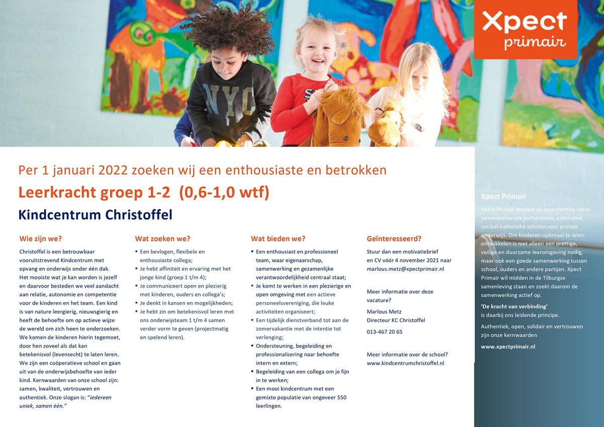 KC_Christoffel's tweet photo. Wij zijn op zoek naar jou…..dus heb je zin in een nieuwe uitdaging in een mooi kindcentrum met een tof team…..reageer dan snel! https://t.co/EMczXRfjIf