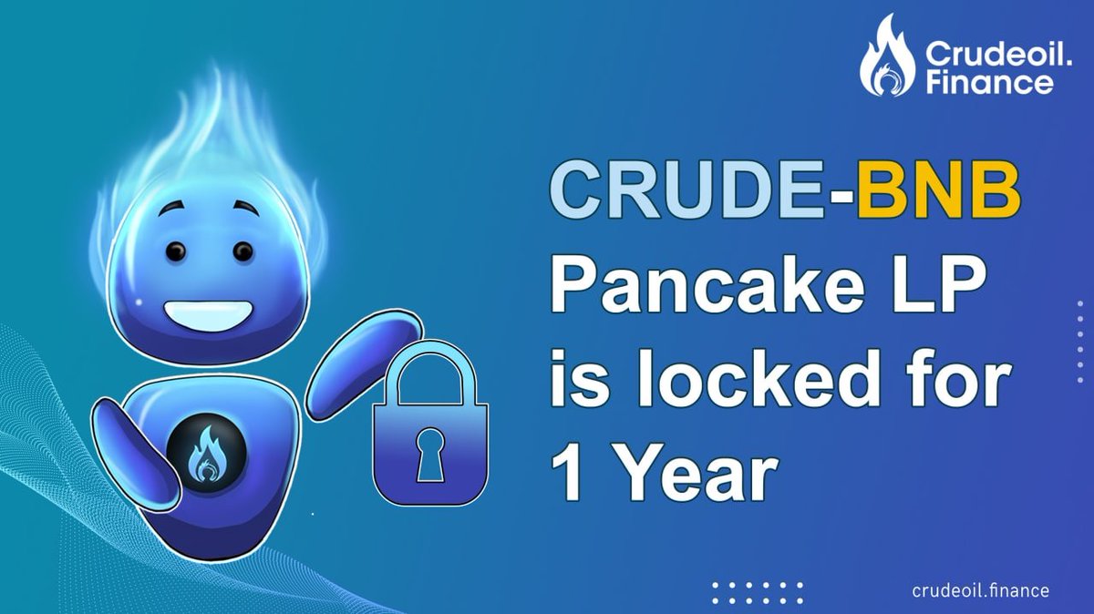 We have successfully locked away the CRUDE/BNB liquidity for 1 Year.
As we said many times, we do not trust 3rd party dapps to hold our liquidity. 

⚡️Liquidity Lock Contract: 0x1ed89daa51964298acb47db8712e40a5ee8cf204
⚡️Bscscan Link: bscscan.com/address/0x1ed8…
