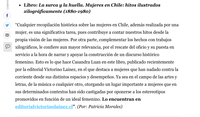 Salimos en <a href="/revista_paula/">Paula.cl</a> con nuestro nuevo libro «La surca y la huella. Mujeres en Chile: hitos ilustrados xilográficamente (1880-1980)» de Casandra Luan 🖤🙌🤍
🔗 Léala AQUÍ 👉 bit.ly/3pwbDCb