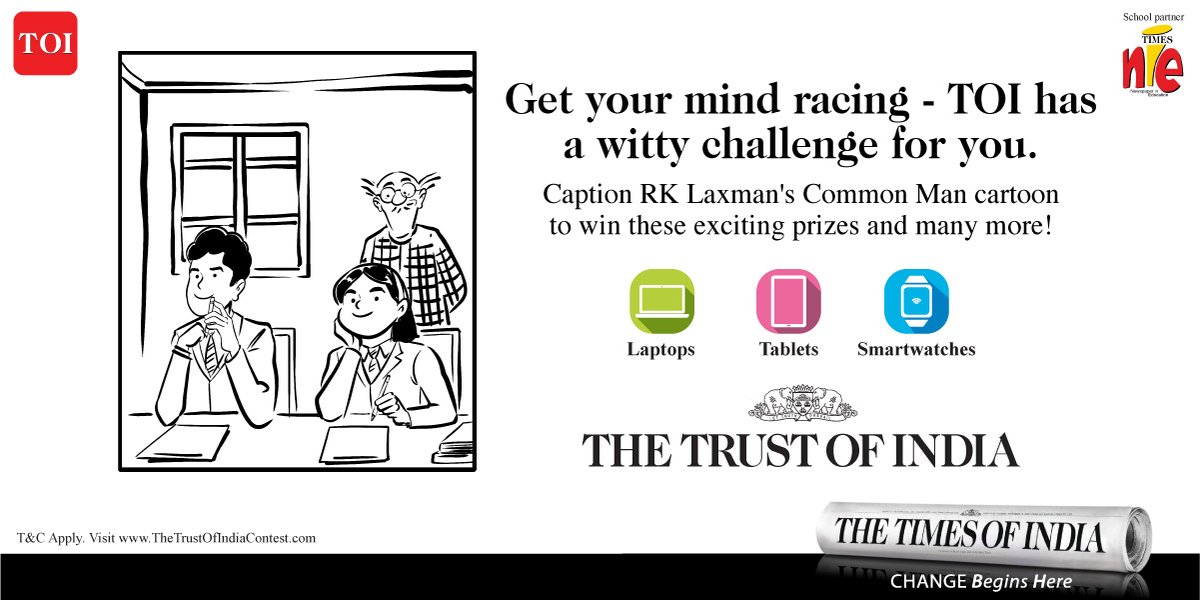 thetrustofindia's tweet photo. India’s Common Man wants all students to get creative! Test your wit by captioning the Common Man cartoon and stand a chance to win laptops, tablets, smartwatches, and a lot more. Participate now, visit – https://t.co/OsNuDzWBcP
#TheTrustOfIndia https://t.co/Z5pzQUisdY