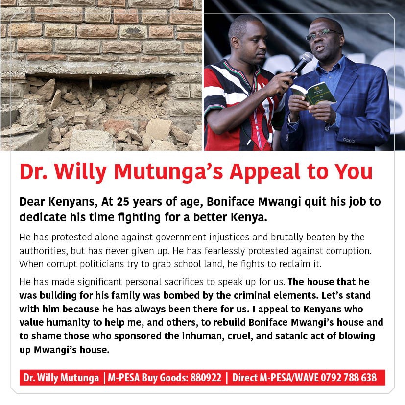 WMutunga's tweet photo. I appeal to Kenyans who value humanity to help me, and others, to rebuild Boniface Mwangi’s house and to shame those who sponsored the inhuman, cruel, and satanic act of blowing up Mwangi’s house.
M-PESA Buy Goods: 880922.
Direct M-PESA/Wave: 0792 788 638
#IstandWithBonnie https://t.co/NLA9f853AM