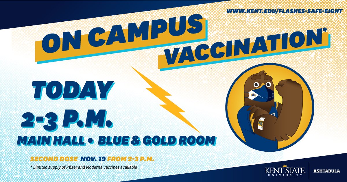 KSU_Ashtabula's tweet photo. TODAY! The Ashtabula City Health Department will be on campus to administer Pfizer & Moderna COVID-19 vaccines to students, faculty and staff from 2-3 p.m. in the Blue & Gold Room. Second dose will be Nov. 19.
π https://t.co/077zpxyGet
#flashessafeeight #getvaccinated https://t.co/yD8mrwFMQJ