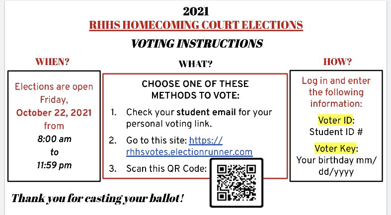 Voting begins now!!! Make your vote count. 

Vote for the most spirited, best leaders and the ones who know what it means to wear the H!