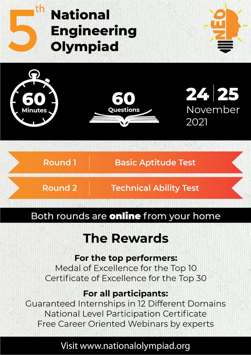 krishnakumar_m_'s tweet image. The NEO Educational Foundation presents to you 
*The 5th National Engineering Olympiad*!

The NEO is a competitive platform for the engineering students to showcase your aptitude skills and represent yourself at the national level.

Register now!
nationalolympiad.org/?refid=2346922…