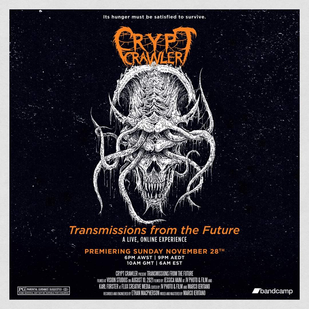 cryptcrawleraus's tweet photo. CRYPT CRAWLER present ‘Transmissions from the Future’
A LIVE, ONLINE EXPERIENCE.

Sunday, November 28 at 6PM AWST | 9PM AEDT | 10AM GMT | 6AM EST via Bandcamp.

Tickets and merch bundles can be purchased via:
https://t.co/0wmosuZLfu

Artwork by RiddickArt.

#deathmetal https://t.co/d5rXN9sMLt