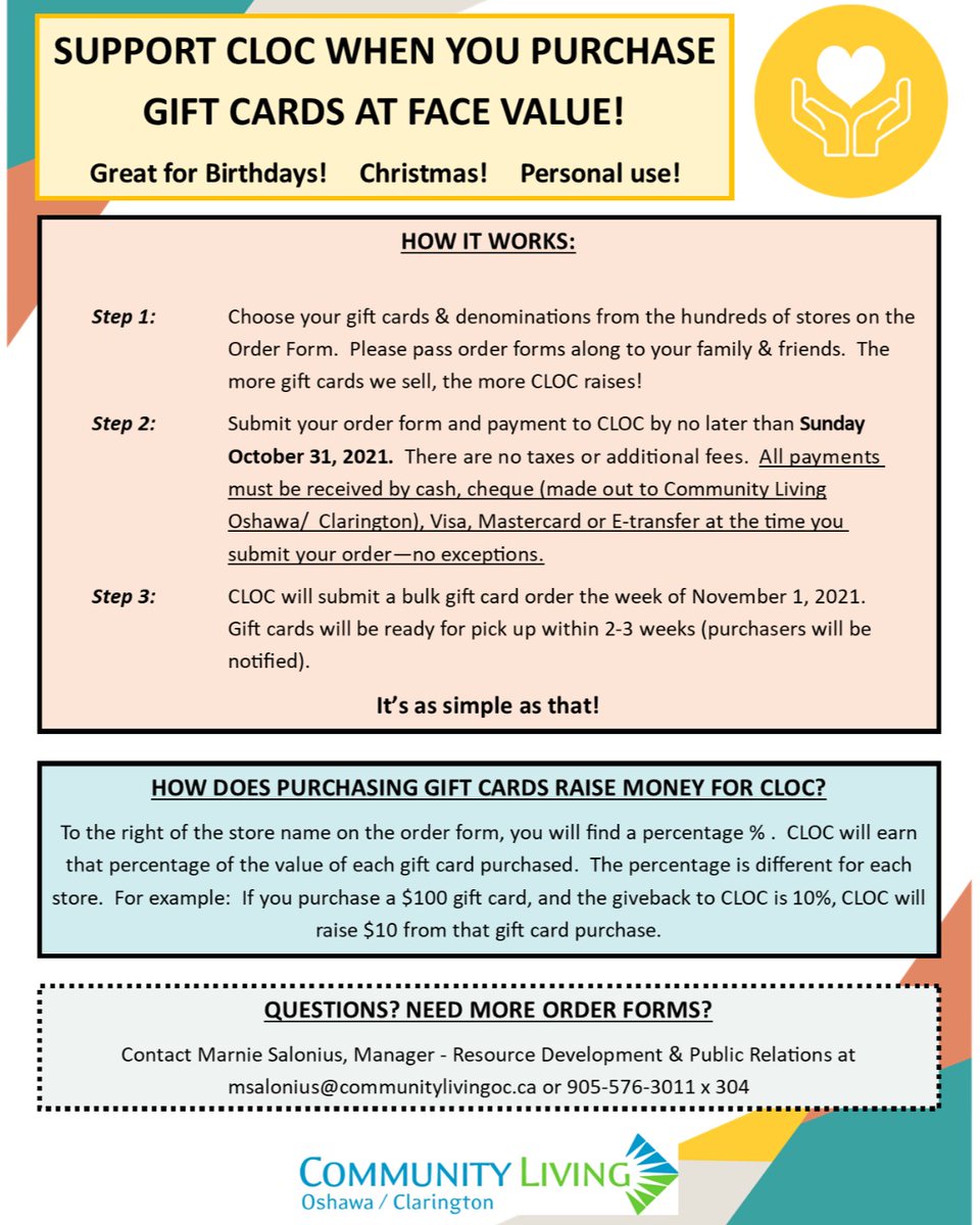 commlivingoc's tweet photo. Support CLOC's fundraising by purchasing gift cards - for yourself or as gifts!  Or why not a gift FOR yourself?  Orders are due by October 31, 2021.  For more information visit:  https://t.co/fsoQtDRPvS https://t.co/v9OMedUn2j