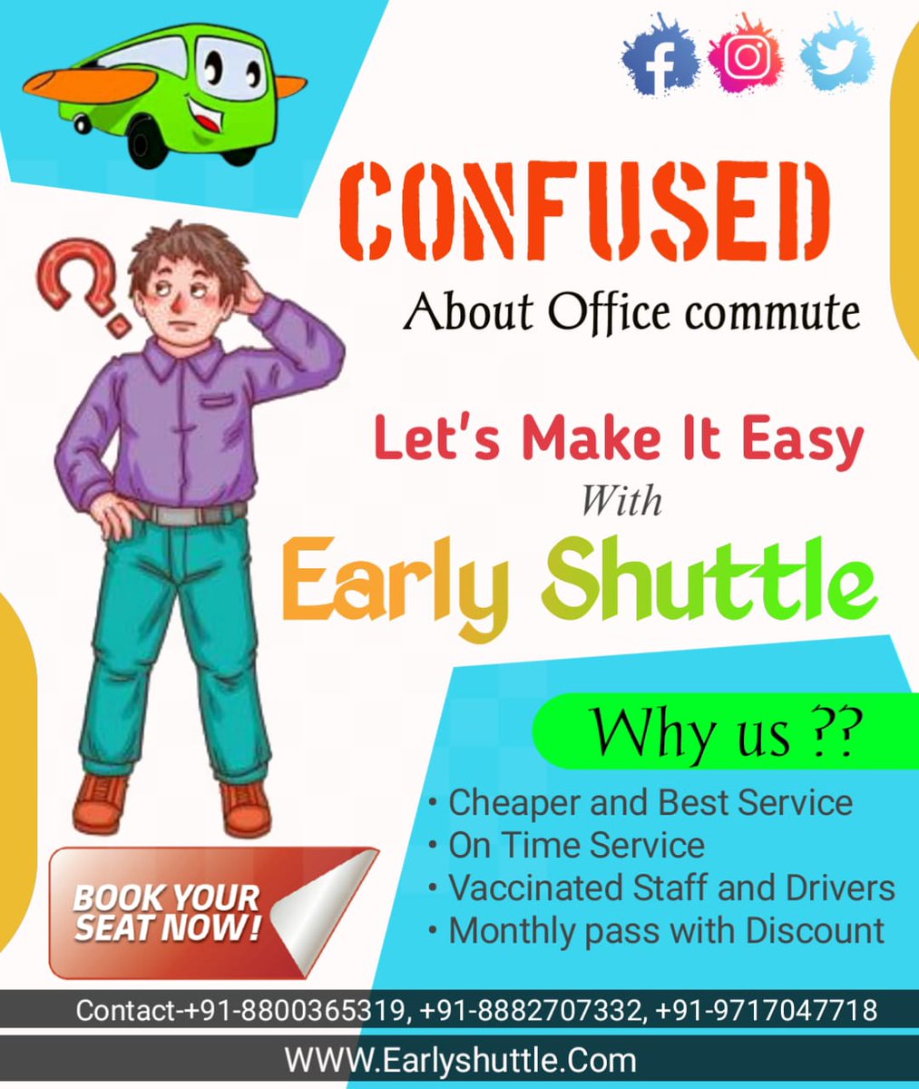 EarlyShuttle's tweet photo. Confused about office commute
So don't waste your time
Book Early Shuttle
And get amazing exciting offers
Contact-+91-8800365319,
+91-8882707332,+91-9717047718
Visit our official website
https://t.co/9m6zM6x6xO
#earlyshuttle
#Offers
#JaiBhimTrailer https://t.co/LT0baFI75j
