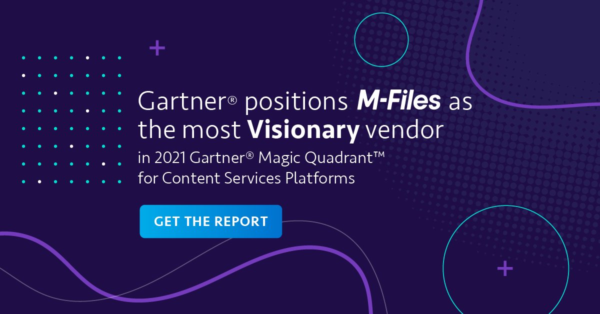 KertysM's tweet photo. M-Files named as a Visionary in 2021 @Gartner_inc Gartner® Magic Quadrant™ for Content Services Platforms and positioned furthest for completeness of vision. Learn more: https://t.co/RYbGoSB8w3 https://t.co/sOGpO266l5