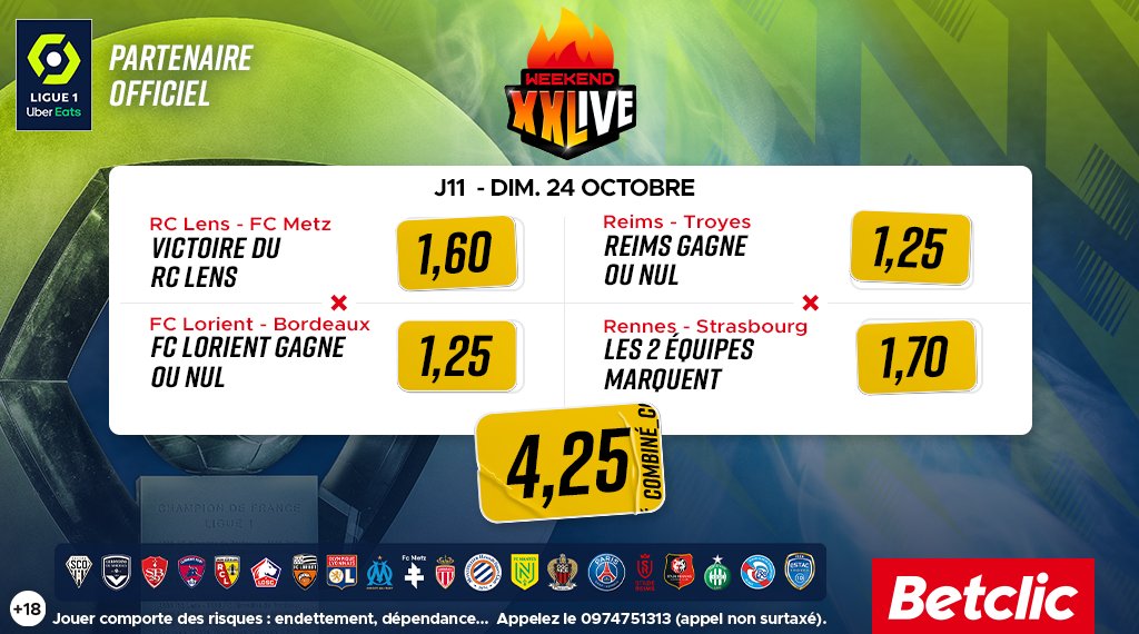 Betclic's tweet photo. 😍 On vous a préparé un combiné pour les matchs de 15h de @Ligue1UberEats ! Ça passe selon vous ?
N'oubliez pas que pour ce #WeekendXXLive, toutes vos cotes en LIVE sont boostées 🔥 https://t.co/WIWPRWhZnn
