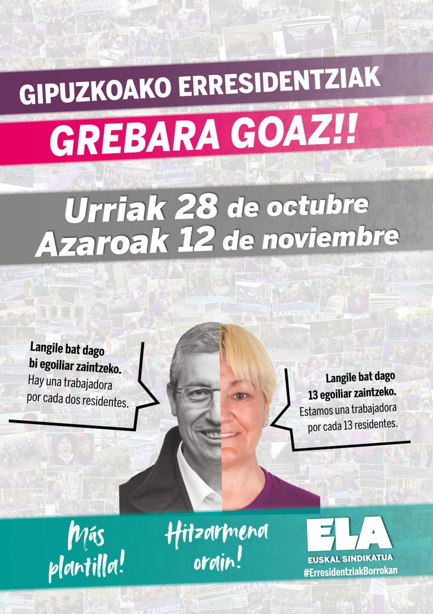 Zahar-egoitzetan arazoek berdin jarraitzen dutela salatzeko elkarretaratzeak egin dituzte <a href="/erresidentziak/">Erresidentziak Borrokan</a>-eko langileek , eta grebara deitu dute urriaren 28an eta azaroaren 12an. #erresidentziakborrokan ela.eus/eu/gizalan/alb…