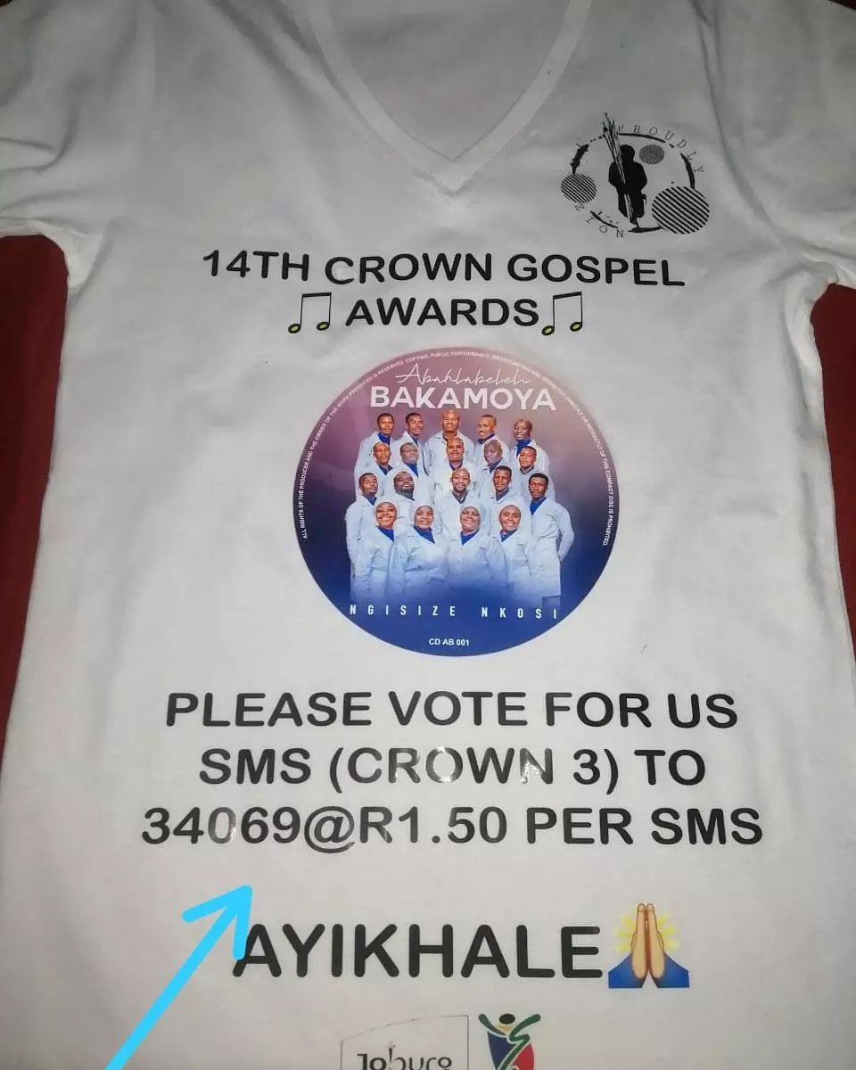 ZionProudly's tweet photo. It's that time of the year again! For the Best Zion award, vote for Abahlabeleli Bakamoya. Voting details on the t-shirt. Thank you and God bless.

#crowngospelawards #southafricangospelmusic #bestzion #zionmusic https://t.co/4l92GOUGOn
