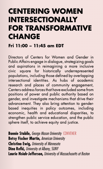bstabile1's tweet photo. If you're attending #NASPAA2021 don't miss our panel on Centering #Women for Transformative Change on Friday 10/29 at 11am @naspaa @NASPAA_DEI @swpaaspa @awparocks @ScharSchool #intersectionality #MPA @BFischerMartin https://t.co/YMY2qKO2c5 https://t.co/J3IlTjNcGW