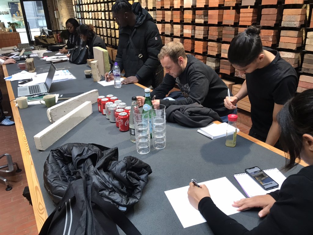ADT_UEL's tweet photo. What an inspiring workshop on #brickwork and #ceramic #cladding! 
Many thanks to Grary, Byron and Gemma @EHSmithArch for hosting our ADT Yr1 students at your amazing design centre in #Clerkenwell, last Friday.@ADT_UEL @UEL_News @ACEatUEL @CIAT_London https://t.co/jDun3mWzqX