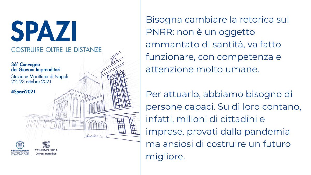 Il PNRR vale 235 miliardi da investire tra il 2021 e il 2026. Se si realizzasse con efficienza, il PIL nel 2022 potrebbe aumentare fino a 1,2 punti percentuali. In caso di errori, l’impatto scenderebbe a 0,9.  Una differenza che vale quasi 6 miliardi - <a href="/RiDiStefano/">Riccardo Di Stefano</a> #Spazi2021