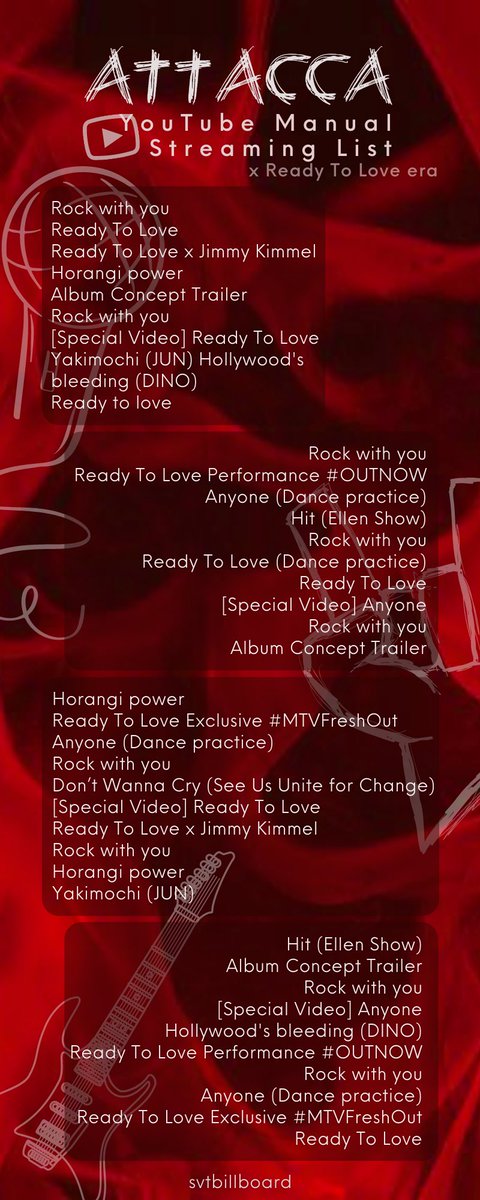 svtbillboard's tweet photo. [YOUTUBE MANUAL STREAMING LISTS]

Let’s step up our game a little bit so we can reach even more milestones, Carats! Here are our lists to help you stream #Rockwithyou!

(We made a few changes so please check them out)

🔗: https://t.co/c5XeMKjXBz 

@pledis_17 #Attacca https://t.co/rNu6jbOyQT