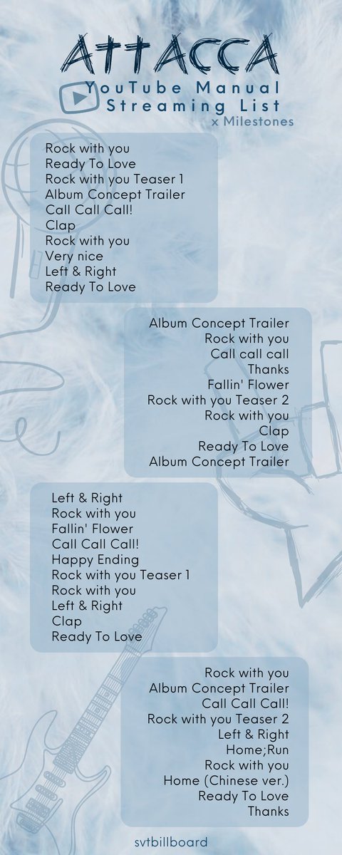 svtbillboard's tweet photo. [YOUTUBE MANUAL STREAMING LISTS]

Let’s step up our game a little bit so we can reach even more milestones, Carats! Here are our lists to help you stream #Rockwithyou!

(We made a few changes so please check them out)

🔗: https://t.co/c5XeMKjXBz 

@pledis_17 #Attacca https://t.co/rNu6jbOyQT
