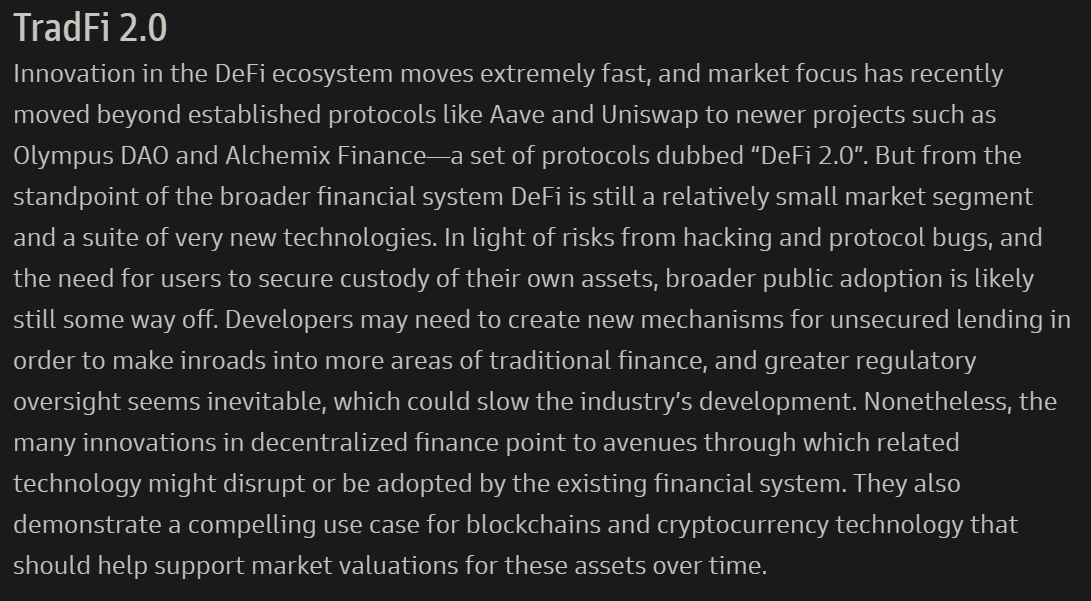 0x_bear's tweet photo. Goldman Sachs report on DeFi just out, with shoutouts to @DefiLlama @0xngmi @scupytrooples @DuneAnalytics. Dropping their new term TradFi 2.0. Are they gonna make it? https://t.co/0qgPpJgPQ7
