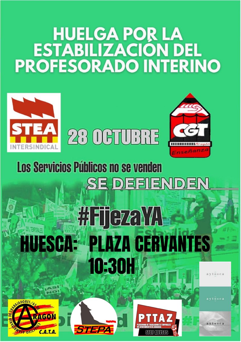 CGTHuesca's tweet photo. 📢 HUELGA
🗓️Jueves, 28 de octubre
🕐10:30
🏛️Plaza Cervantes, Huesca. https://t.co/ueeSqwqXNq