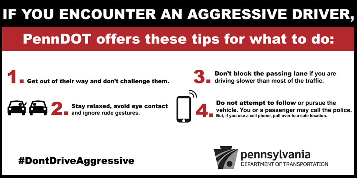 HHSMontcoPA's tweet photo. If you encounter an #AggressiveDriver, PennDOT offers these tips for what to do. #DontDriveAggressive #BeSafePA #HHSHealthPromotion https://t.co/B4co700PS5