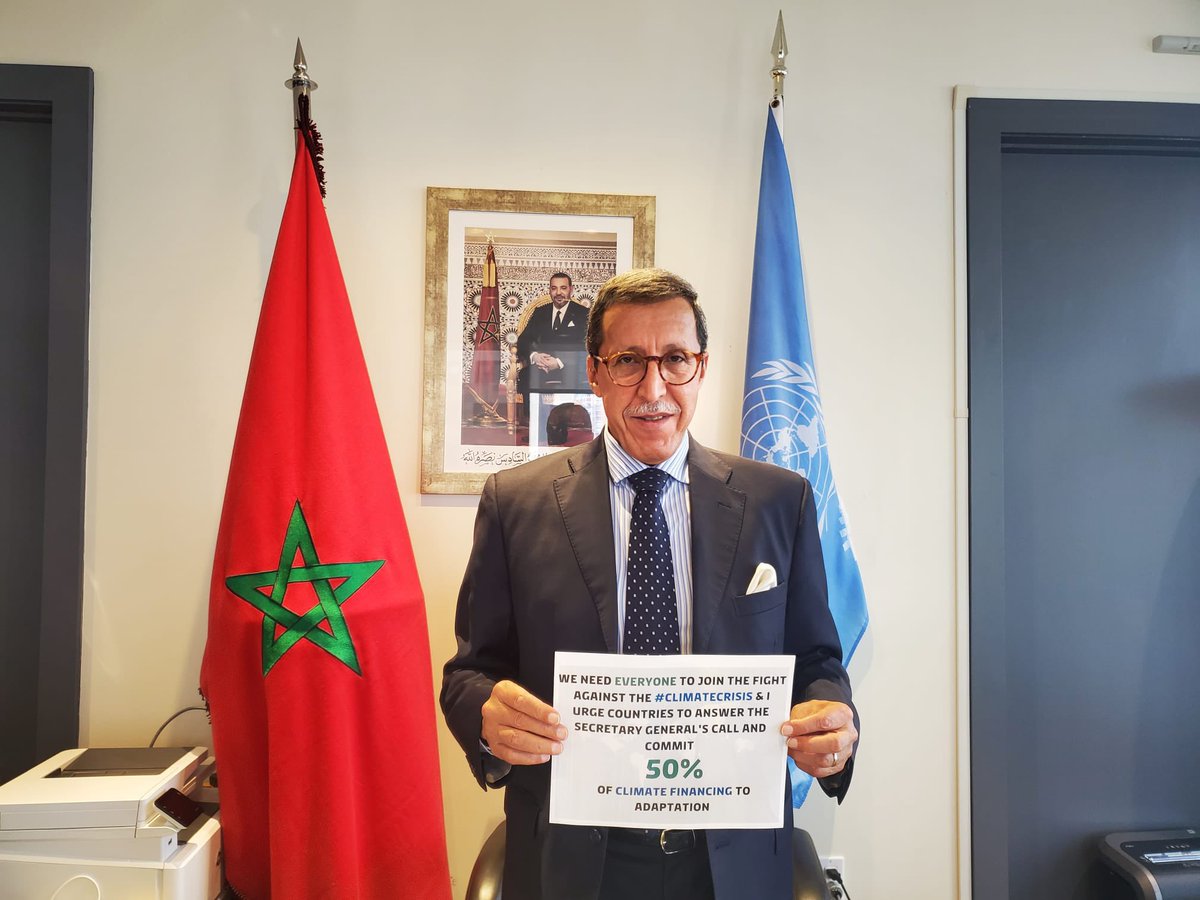 Morocco_UN's tweet photo. Ambassador Hilale is proud to support the #climatefinance campaign. 
We need everyone to join the fight against the #ClimateCrisis and urge countries to answer the Secretary General's call to Commit to 50% of climate financing to #Adaptation 🌱
🇲🇦 🇺🇳 https://t.co/9ud0buAzPv