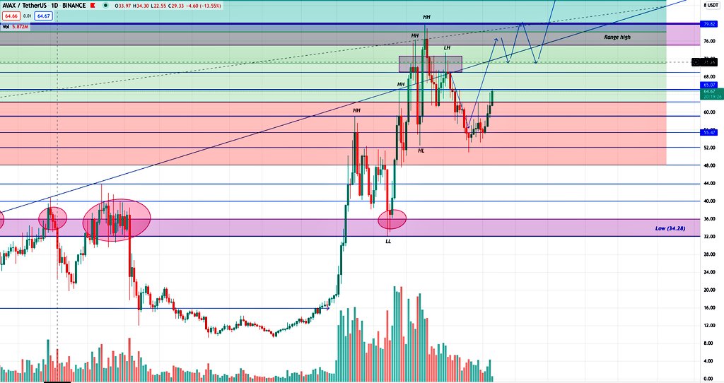 SatoshiCucumber's tweet photo. #AVAX : Looking way healthier 
-Stop at 50, followed by clean restest + confirmation of support.
Def placing more bids if we clame 65 as new range support or HL in that area! 💥🚀
#AvalancheRush #avaxusdt https://t.co/vkZfY6AX97