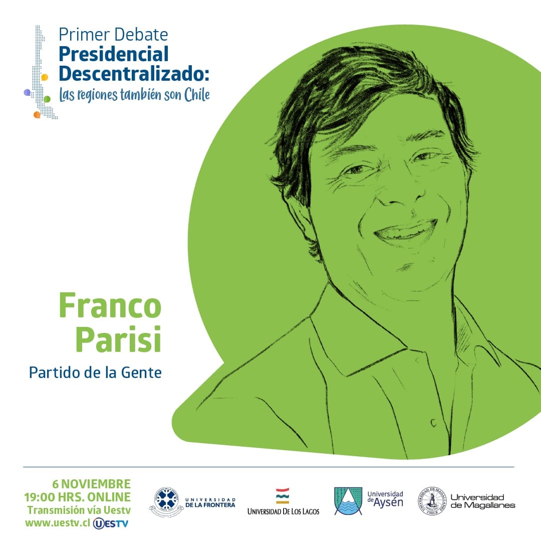 ¡Descentralicemos el debate! Porque las regiones también somos Chile
Candidato confirmado: 
<a href="/Parisi_oficial/">Franco Parisi</a> - <a href="/ChilePDGcl/">Partido de la Gente Oficial 🇨🇱</a> 
 Organiza: 
<a href="/UdeAysen/">UniversidadAysén</a>
<a href="/umagallanes/">Ulises celedon magallanes</a>
<a href="/ULagosOficial/">Universidad de Los Lagos</a>
 6 de noviembre a las 19:00 horas 
#uestatales #debatedelsur #Chile #Elecciones
