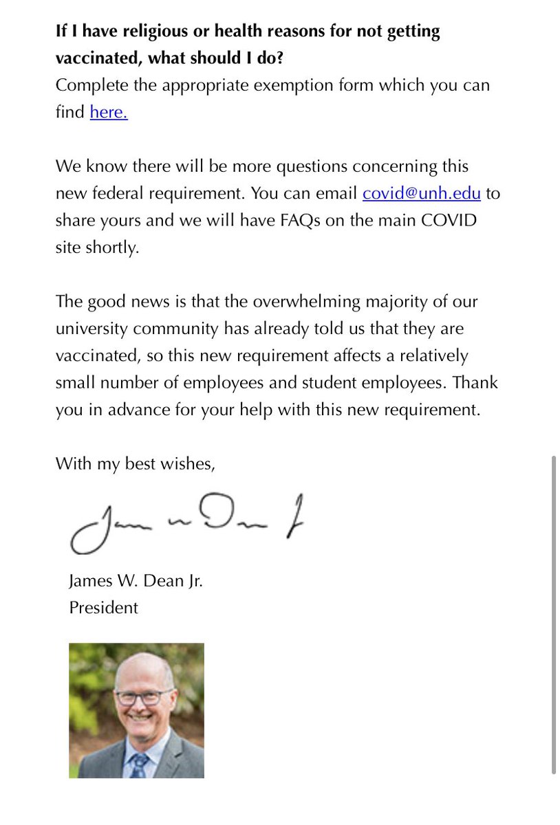 ALL UNH employees (including student employees) who work on the Durham campus are required to be fully vaccinated by Dec 8th. This vaccine mandate comes following guidance from .<a href="/POTUS/">President Donald J. Trump</a> that anyone working under or with federal contracts must be vaccinated against #COVID19
