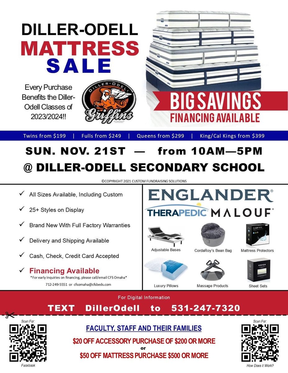 DillerOdell's tweet photo. Diller-Odell Classes of 2023/2024 Mattress Sale coming up on 11/21/21! Text DillerOdellto 531 247 7320 for digital information and a flyer to get your student credit for referrals! Link to Facebook in the text link to share there as well! #bedsfordillerodell
#griffinpride https://t.co/Zfy55Yf204