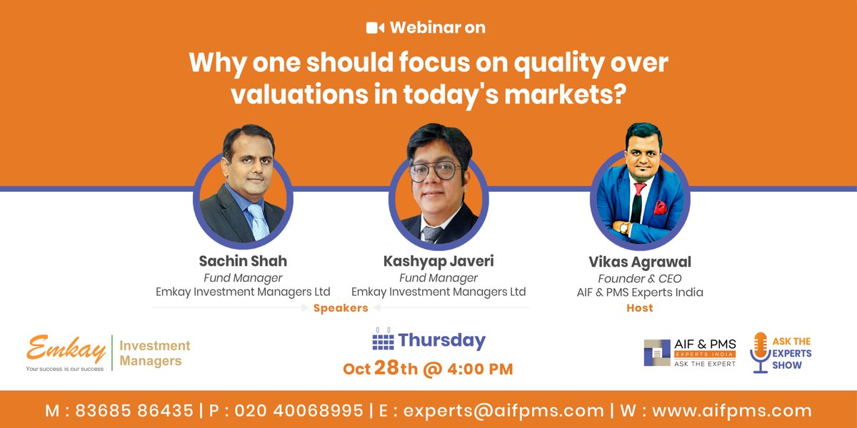 aifpmsexperts's tweet photo. Please Register: https://t.co/XXghg5PC2q
for Webinar on "Why one should focus on quality over valuations in today's markets?" Oct 28th, 2021 at 4:00 PM
@Vikas_ag_14 
#sensextoday #pmservice #pmsaif #aifpms  #investment #nri #investors #finance #emkaypms #emkayinvestment https://t.co/QTeyMREAux