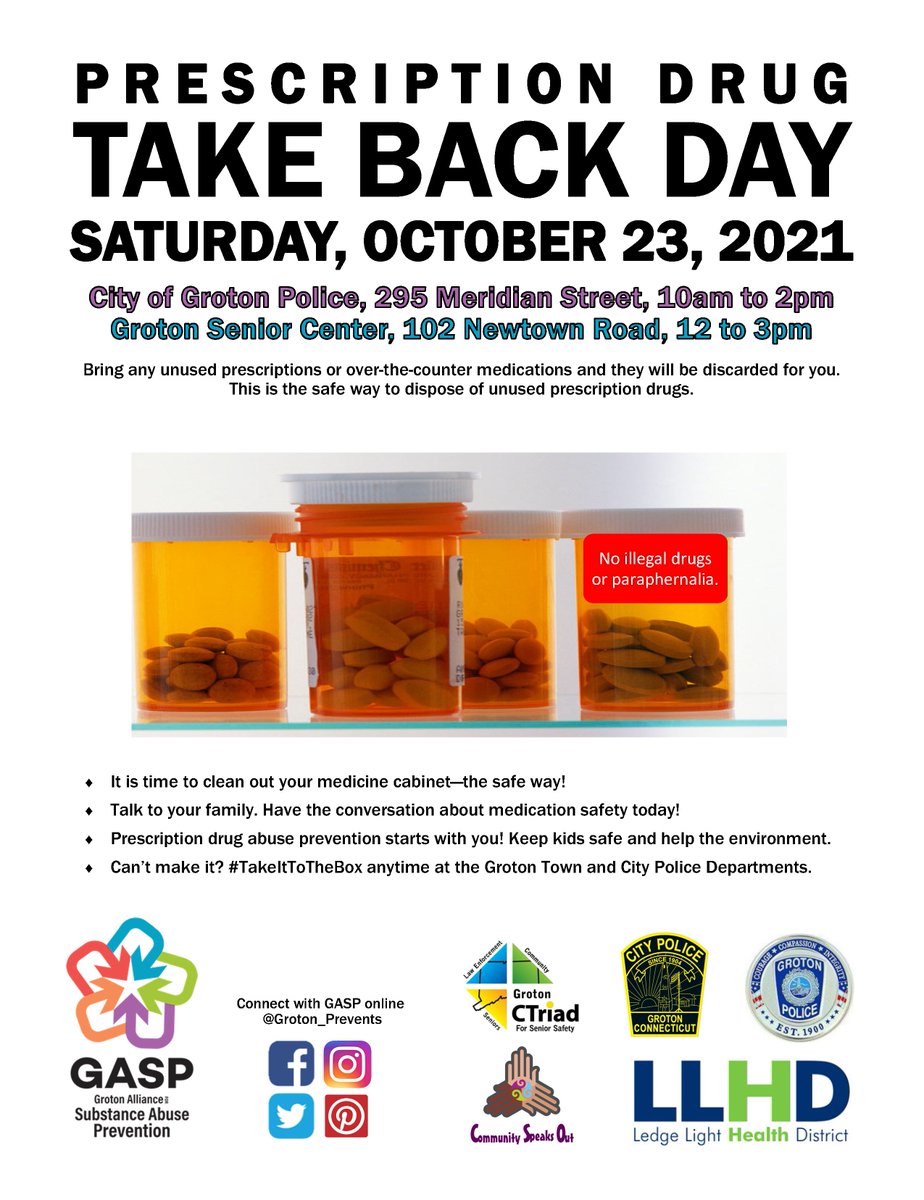 Groton_Prevents's tweet photo. #takeittothebox #nmaam #nationaldrugtakebackday @CTDMHAS Bring your unused/expired medicine both OTC and RX and even pet meds! See you on Saturday, #grotonct #preventionhappensherect #CTPrevents https://t.co/92CA6x9hUN