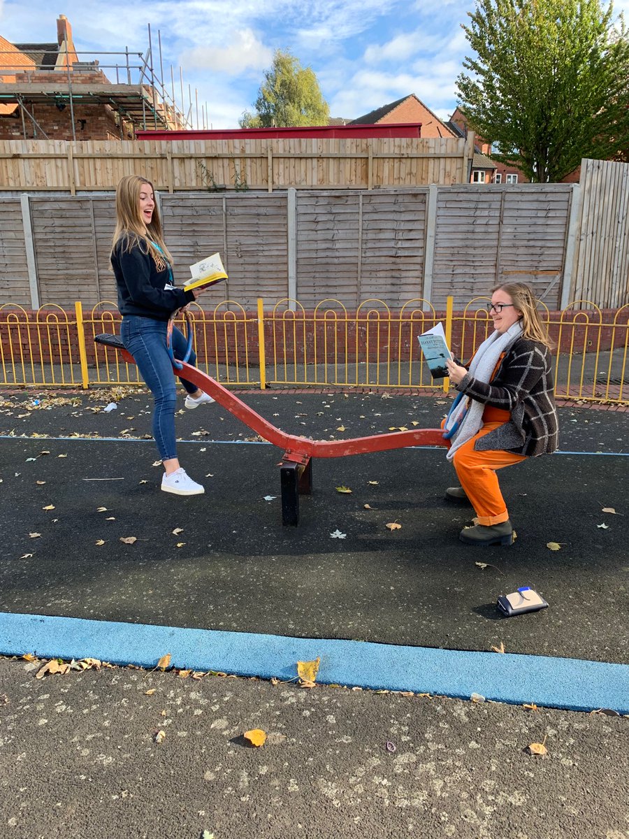 TindalBunney's tweet photo. Myself and Mrs Howitt enjoying our favourite books on a Seesaw! Reading gives you wings! π§ββοΈππ©βπ« @arktindal #ArkTindal #arkreads https://t.co/2E4iveSZeQ