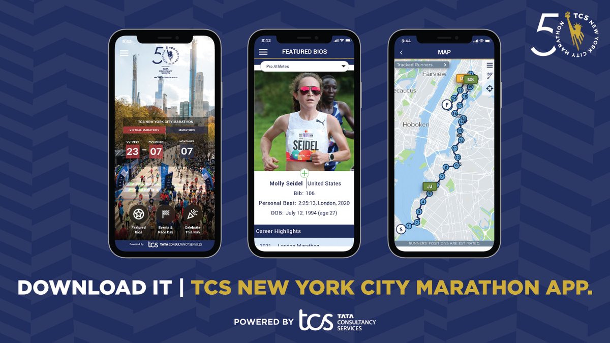 nycmarathon's tweet image. The #TCSNYCMarathon app powered by @tcs_na is available now! 

Get ready to use the app to celebrate #50YearsRunning with runners from all over the world participating in person and virtually. Learn more and 📲 download now: bit.ly/2ZbEXTX
