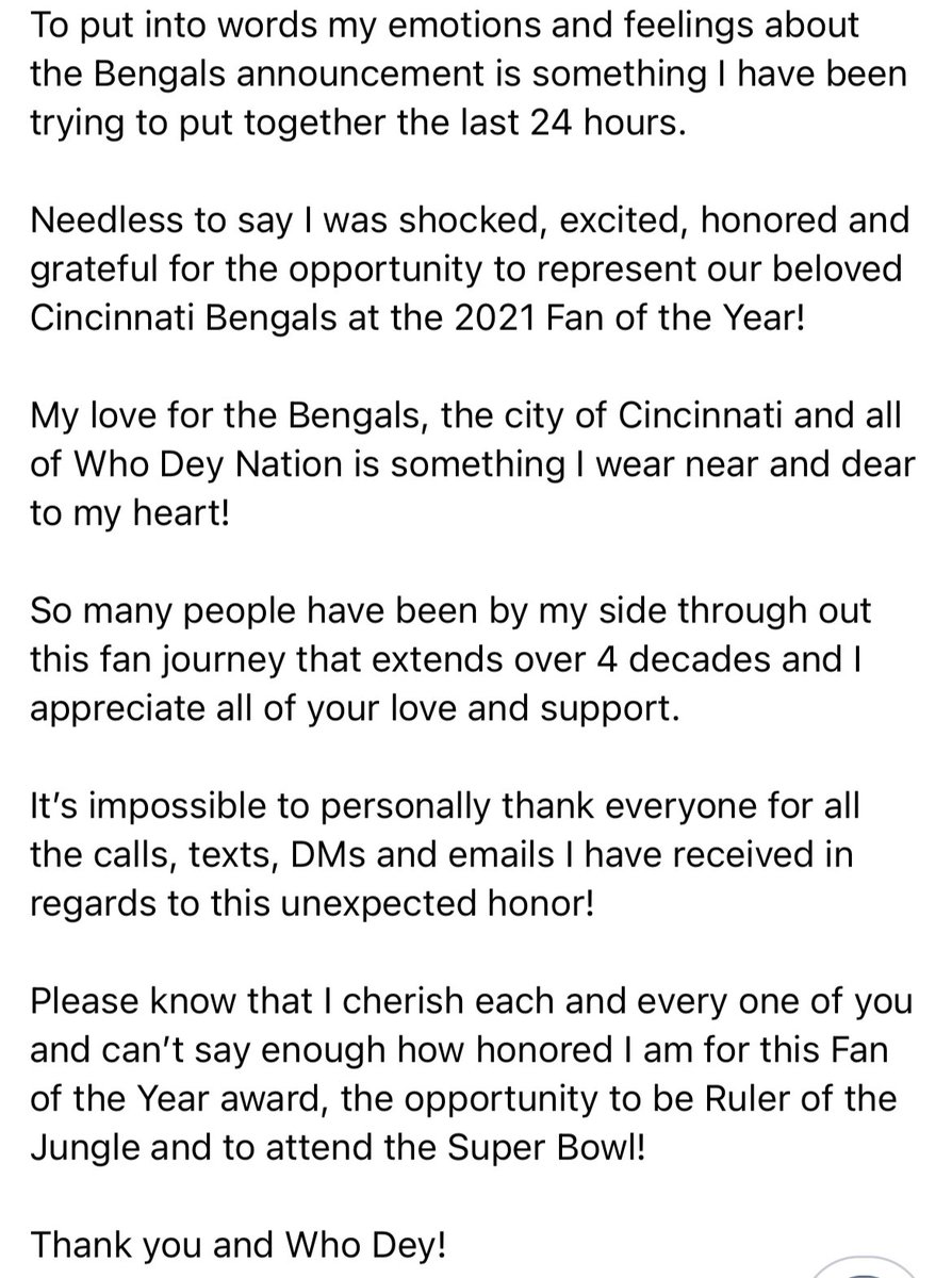 bengaljims_BTR's tweet photo. Please take time to read this. No way I could get this all in on Twitter. 

Thank you #Bengals Fans, Absolutely love each and everyone of you! https://t.co/AmmWXZ795I