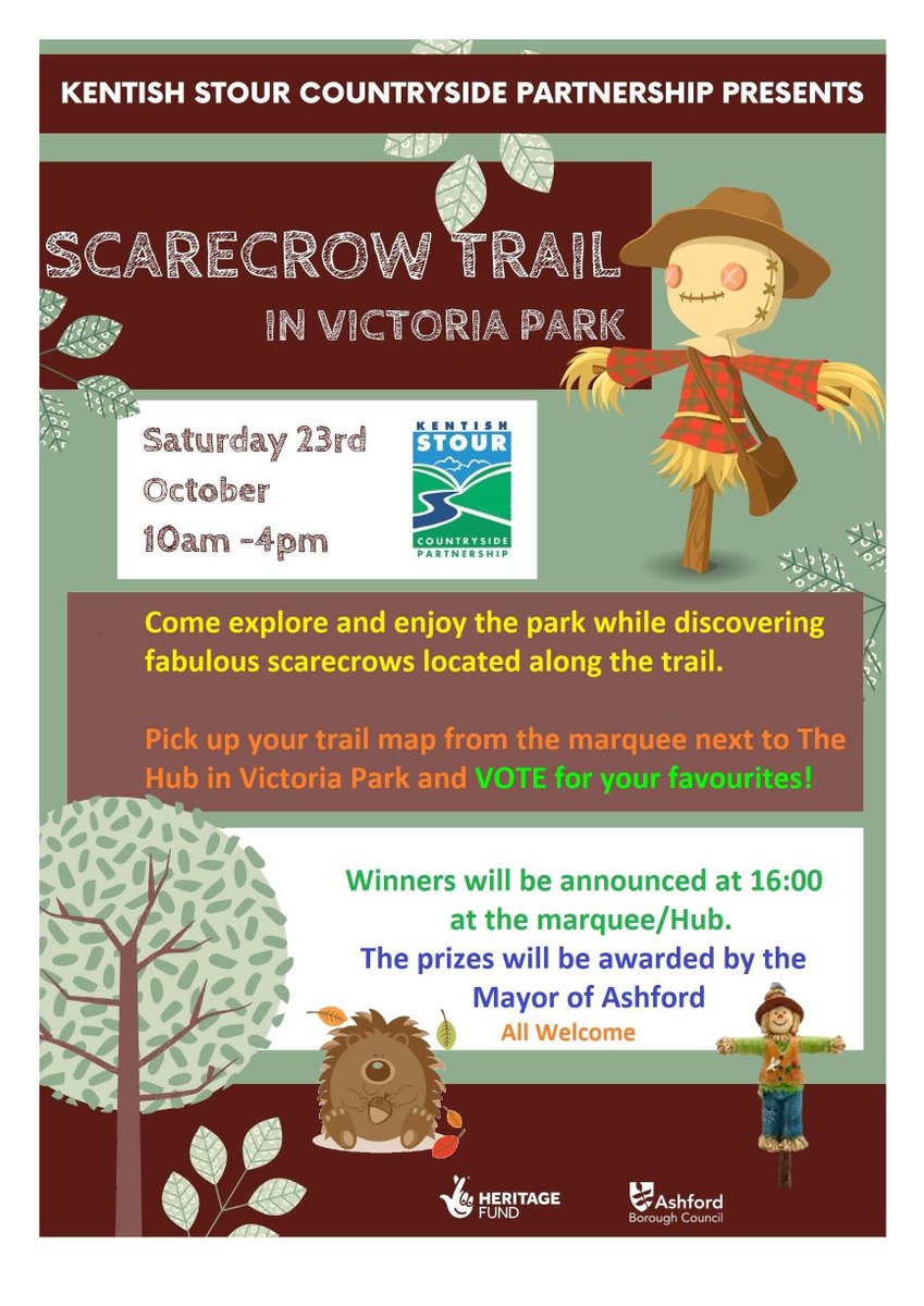Reminder that the Scarecrow Trail takes place in Victoria Park Ashford tomorrow! Hope to see everyone there 10am to 4pm.  Everyone welcome and a perfect activity for the family to enjoy this weekend. Wrap up warm! 😀