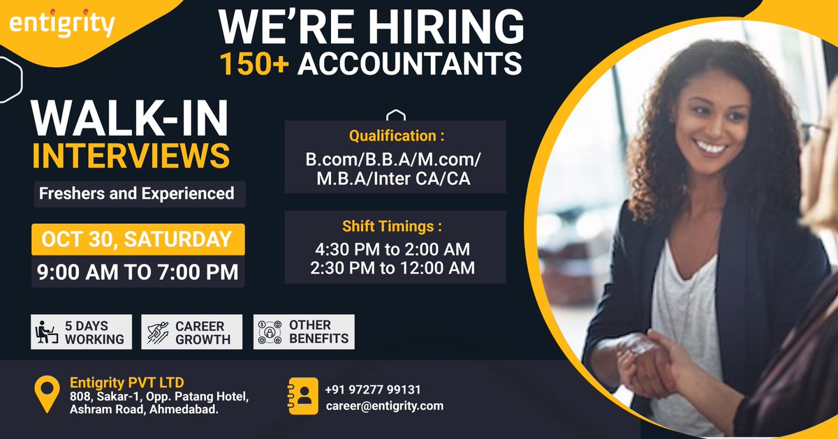 Here is an opportunity to join our Entigrity Team and gain extensive experience in the fields of US taxation, accounting, and auditing. 

Book your appointment for the WalkIn drive on October 30th, 2021 (Saturday).

#jobopenings #careeradvancements #entigrity #jobsinahmedabad