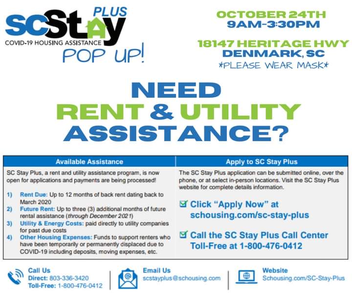 H_Sanders2019's tweet image. 🚨Upcoming #SCStayPlus Pop Ups🚨

👉🏽 10/23/21 #SalleySC
👉🏽 10/24/21 #DenmarkSC
👉🏽 11/13/21 #SpringfieldSC 

#HelpIsHere #RentAndUtilityAssistance