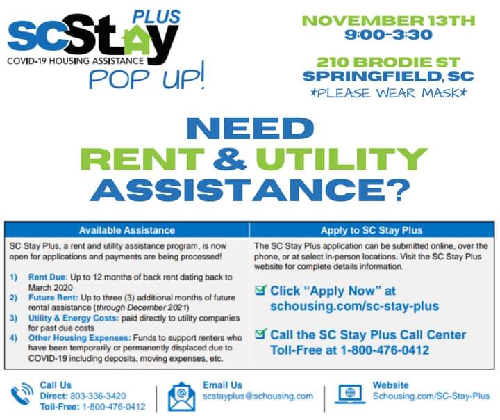 H_Sanders2019's tweet image. 🚨Upcoming #SCStayPlus Pop Ups🚨

👉🏽 10/23/21 #SalleySC
👉🏽 10/24/21 #DenmarkSC
👉🏽 11/13/21 #SpringfieldSC 

#HelpIsHere #RentAndUtilityAssistance