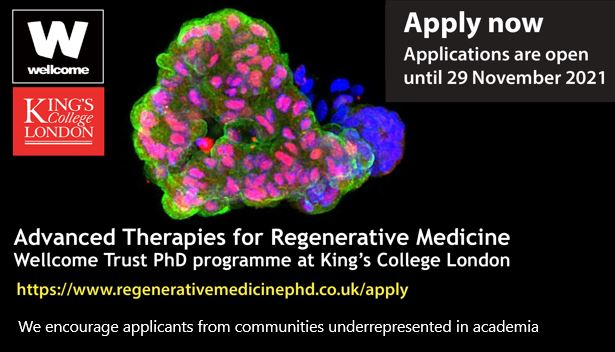RegenMedPhD's tweet image. Time to begin your #PhD? The Advanced Therapies for Regenerative Medicine Wellcome Trust PhD Programme is OPEN to APPLICATIONS Cohort 2022.
regenerativemedicinephd.co.uk/apply
Deadline: 29 Nov 2021
@wellcometrust @in2scienceUK @BB_STEM @LeadingRoutes @PrideinSTEM @nadsn_uk @SocialMobilityF