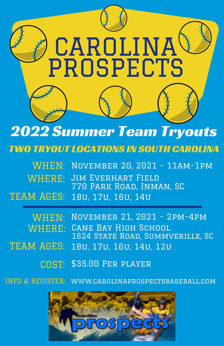 CarProspects's tweet photo. Two upcoming tryout dates and locations for the 2022 @CarProspects summer teams! Practice, compete and train at the highest level with over 22 years of player development experience! Go to https://t.co/flgYzbhxrU for registration and more info. #prospects https://t.co/TlduHhiZdT