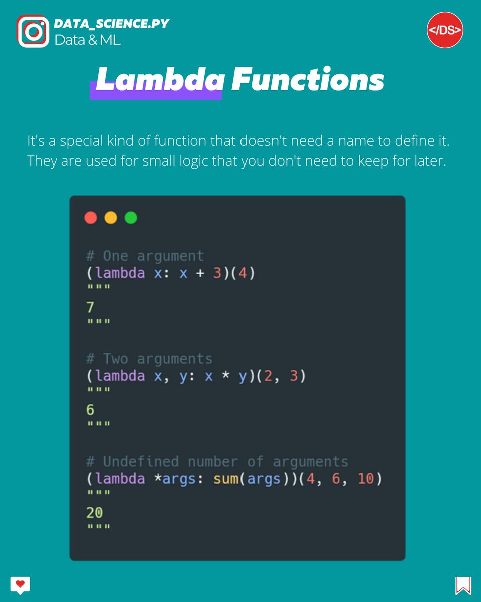 Data_Sciencepy's tweet image. Write anonymous functions using the lambda syntax!👀.
🎯 For more #Python and #DataScience make sure to check my post and follow
#pythonlearning #dsdotpy #pythonbeginer #pythontips #pythonsnippets
