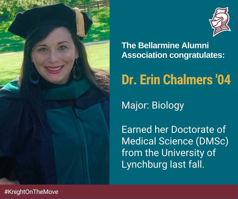 BellarmineAlum's tweet photo. 🍍Congrats to our newest #KnightOnTheMove, Dr. Erin Chalmers ’04! Erin is a PA and works for Sullivan University as the Director of Didactic Education in the College of Pharmacy and Health Sciences. She plans to use her DMSc to further her career as a leader in PA Education.⚔️ https://t.co/5bW3Gs1ftf