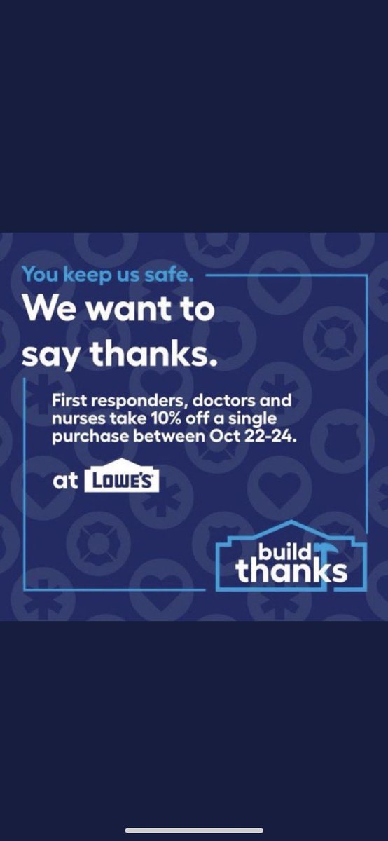 Lowe’s 452 Bowie, MD wants to thank our first responders! All first responders can register to receive a 10% discount on a purchase Oct. 22-24th. <a href="/BowiePDNews/">Bowie Police Department</a> <a href="/BowieVFD/">Bowie Volunteer Fire</a> <a href="/UMCapitalRegion/">UM Capital Region Health</a> <a href="/PGSheriff_PIO/">The Office of the Sheriff- Prince George's Co. MD</a> <a href="/PGPDNews/">PGPDNEWS</a> <a href="/LowesDMV/">Syncer Ingram</a> <a href="/Saqib0452/">Saqib Azhar</a> #BuildThanks #FirstResponders #Heros