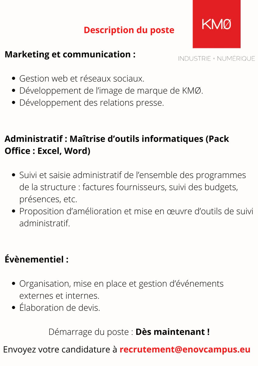 Engagez-vous dans le développement de KMØ, le plus grand écosystème numérique de demain, en y apportant vos #compétences.

N’attendez plus, tentez votre chance et envoyez votre #candidature pour devenir le prochain Chef de projet junior de KMØ à recrutement@enovcampus.eu !